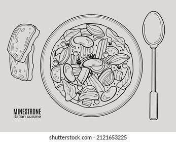 Italian minestrone soup with vegetables, beans, small pasta, spinach, green pea and oregano served on a plate with chiabatta and a spoon. Outlane doodle illustration for cafe and restaurant menu. Top 