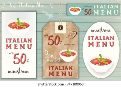 Italian Minestrone Stickers Set on Blue Wooden Background in Retro Style. Vector Illustration.