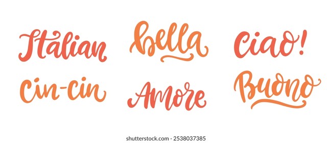 Italian Modern Calligraphy Hand Written Lettering Set. Amore, Bella Vector Words Isolated Collection