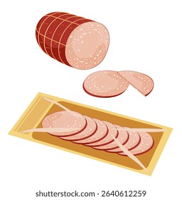 Italian Mortadella bologna deli. Meat sausage, pepperoni liver mortadella salami. Cooked and prepared meat product with slices. Vector cartoon illustration isolated on white background.