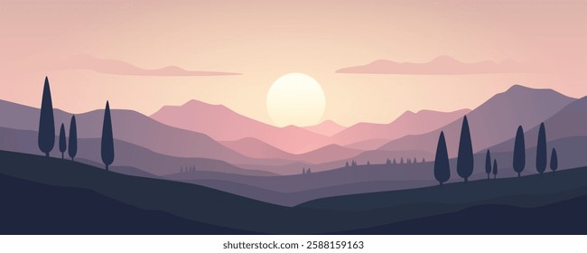 Italian mountains mountains at sunset. Beautiful mountain sunset landscape with silhouettes of Italian nature. Amazing sunset in the mountains, vector panoramic illustration.