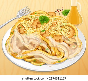 Italian mushroom carbonara pasta with cheese. Italian vegan carbonara pasta food recipes. Vegan mushroom carbonara spaghetti noodles menu close up illustration vector.