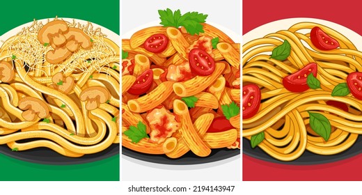 Italian mushroom pasta noodles with cheese. Healthy penne pasta spaghetti noodles menu close up. Pasta noodles with tomato and basil. Famous italian pasta set menu banner illustration vector.