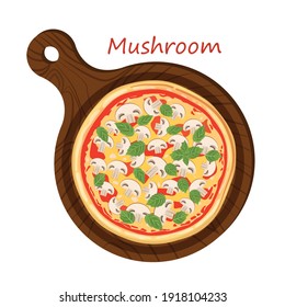 Italian mushroom pizza with champignons, cheese, ketchup and basil on a cutting board on a white background. Vector pizza illustration for menu, poster, advertisement, banner, website.