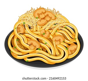 Italian mushrooms carbonara pasta noodles with cheese. Italian noodles food recipes. Vegan pasta spaghetti noodles menu close up illustration vector.