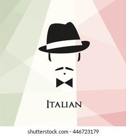 Italian With A Mustache And Bow Tie. Against The Background Of The Italian Flag