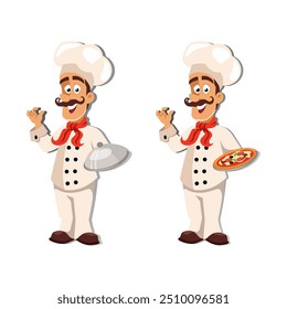 Italian mustachioed chef with pizza in hand. Vector character isolated on white background