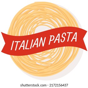Italian national cuisine cafe banner. Design for store ad, restaurant menu, dinner logo. Italian pasta inscription and farfalle macaroni, noodles isolated on white background. Pasta, traditional dish