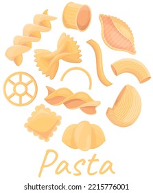 Italian national cuisine cafe banner. Design for store ad, restaurant menu, dinner logo. Italian pasta inscription and farfalle macaroni, noodles isolated on white background. Pasta, traditional dish