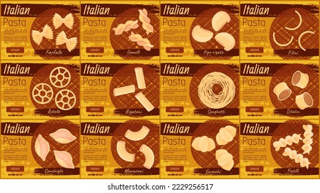 Italian national cuisine cafe banner. For store ad, restaurant menu, dinner logo. Italian pasta inscription and datalini macaroni, set noodles on vintage retro background. Pasta, traditional dish