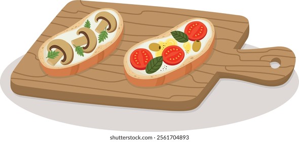 Italian national dish Bruschetta Toasts on on a wooden board. Hand drawn illustration with tasty food	