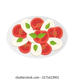 Italian national dish caprese on plate isolated on white background. Flat illustration of mediterranean cuisine. Sliced tomatoes, basil and mozzarella cheese.