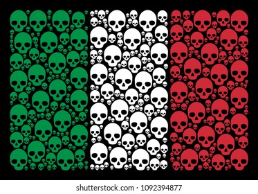 Italienische Nationalflaggen-Kollage, kombiniert aus Totenkopf-Symbolen auf schwarzem Hintergrund. Vektorschädel-Piktogramme sind in einer konzeptionellen Italien-Flaggengrafik zusammengefasst.