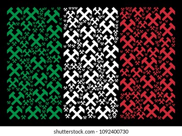 Italian national flag flat collage organized from hammers icons on a black background. Vector hammers pictograms are united into geometric Italy flag pattern.