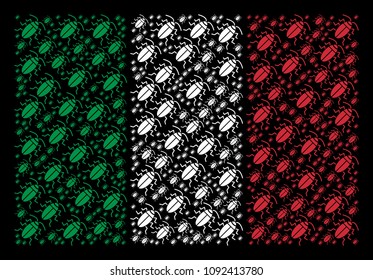 Italian national flag flat collage created with cockroach icons on a black background. Vector cockroach objects are composed into conceptual Italy flag pattern.