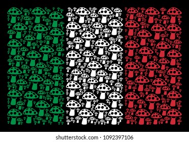 Italian national flag flat composition constructed from mushroom icons on a black background. Vector mushroom design elements are grouped into geometric Italian flag abstraction.