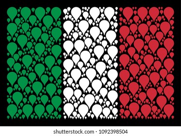 Italian national flag flat composition done of map pointer items on a black background. Vector map pointer design elements are combined into geometric Italian flag composition.