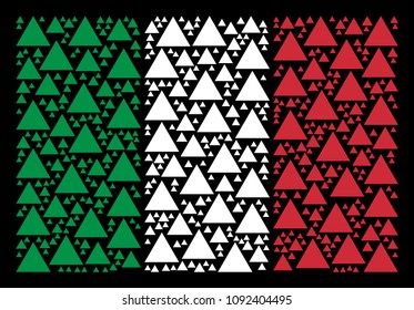 Italian national flag flat composition formed with filled triangle icons on a black background. Vector filled triangle elements are composed into geometric Italy flag pattern.