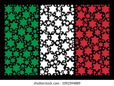 Italian national flag flat concept designed with six pointed star icons on a black background. Vector six pointed star elements are united into conceptual Italy flag illustration.