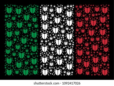 Italian national flag flat concept created of bug items on a black background. Vector bug pictograms are arranged into geometric Italian flag abstraction.