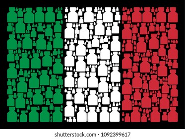 Italian national flag flat mosaic done of liquid bottle icons on a black background. Vector liquid bottle design elements are arranged into geometric Italy flag pattern.