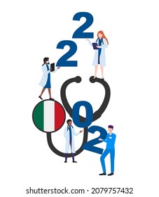 Italian national flag on a stethoscope with doctors and year 2022 on a white background. Postcard on the topic of fighting the epidemic. Health workers in the new year.