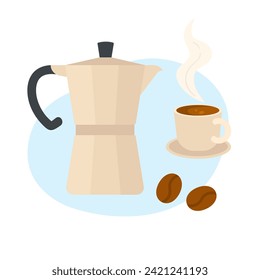 Italian natural coffee. Italian coffee maker, breakfast hot beverage cartoon vector illustration