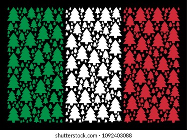 Italian official flag flat composition organized with fir-tree icons on a black background. Vector fir-tree elements are composed into geometric Italian flag abstraction.