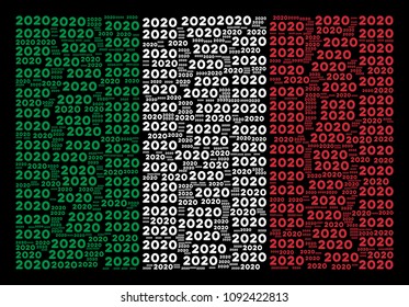 Italian official flag flat composition combined of 2020 year text icons on a black background. Vector 2020 year text pictograms are united into conceptual Italian flag collage.