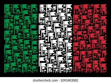 Italian official flag flat concept organized of flag items on a black background. Vector flag design elements are grouped into geometric Italian flag composition.