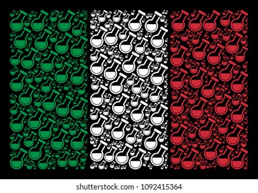 Italian official flag flat concept done of chemistry tube icons on a black background. Vector chemistry tube design elements are composed into abstract Italian flag abstraction.