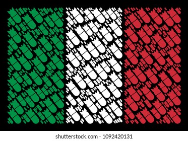 Italian official flag flat concept organized with aviation bomb icons on a black background. Vector aviation bomb pictograms are arranged into abstract Italian flag illustration.