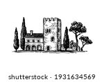 Italian old country house surrounded by cypresses and pine trees. Ink sketch isolated on white background. Hand drawn vector illustration. Retro style.