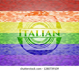 Italian on mosaic background with the colors of the LGBT flag