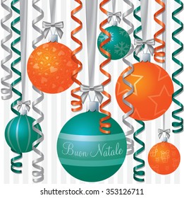 Italian orange and aqua ribbon and bauble inspired Merry Christmas card in vector format.