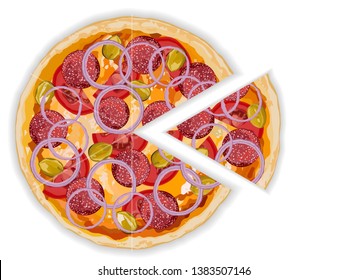 Italian original pepperoni pizza with tomatoes and onion on white background