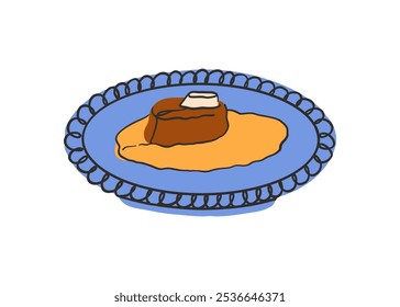 Italian Ossobuco in a flat style. Dish in a deep plate with ornament, handmade ceramics. Colorful bright vector illustration in modern style isolated on a white background