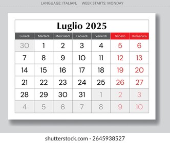 Italian page of calendar for month july 2025. Vector illustration. For Italy