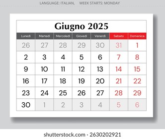 Italian page of calendar for month june 2025 - giugno. Vector illustration. For Italy