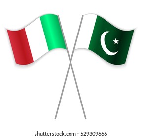 Italian and Pakistani crossed flags. Italy combined with Pakistan isolated on white. Language learning, international business or travel concept.