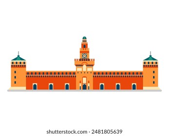 Italian palace or stronghold inspired by Sforca castle in Milan. Old medieval fortress architectural landmark in Italy in flat design.