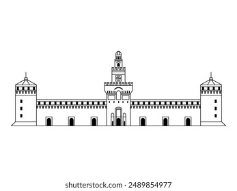 Italian palace or stronghold inspired by Sforca castle in Milan. Old medieval fortress architectural landmark in Italy in line art design.