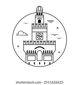 Italian palace or stronghold inspired by Sforca castle in Milan. Old medieval fortress architectural landmark circle icon in Italy in line art design.