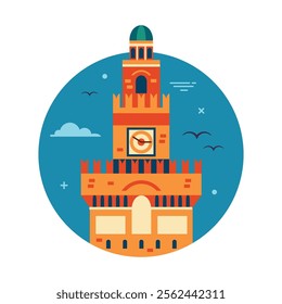 Italian palace or stronghold inspired by Sforca castle in Milan. Old medieval fortress architectural landmark circle icon in Italy in flat design.