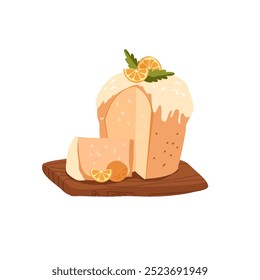 Italian panettone cupcake decorating with leaves, holly, orange and cranberries on a wooden stand. Vector illustration isolated on white background