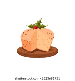 Italian panettone cupcake decorating with leaves, holly, orange and cranberries on a wooden stand. Vector illustration isolated on white background