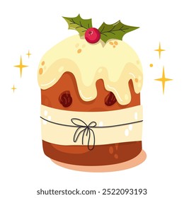 Italian panettone.  Traditional Italian Christmas pastries. Christmas cake. National cuisine of world. Panettone sweet bread Merry Christmas holiday. Vector for stickers, ad, patterns, greeting card