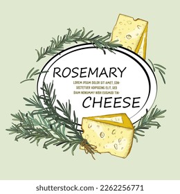 Italian parmesan cheese and rosemary with empty oval frame for food packaging and Italian cuisine products template, hand drawn vector illustration isolated. Badge or food label design.