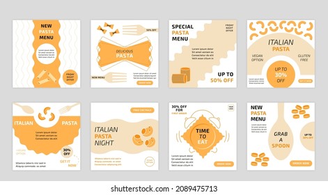 Italian past banners. Posters with cartoon wheat food, spaghetti with place for text. Vector set