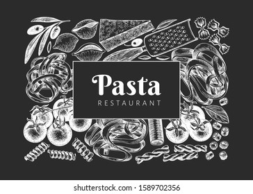 Italian pasta with addition design template. Hand drawn vector food illustration on chalk board. Engraved style. Retro pasta different kinds background.